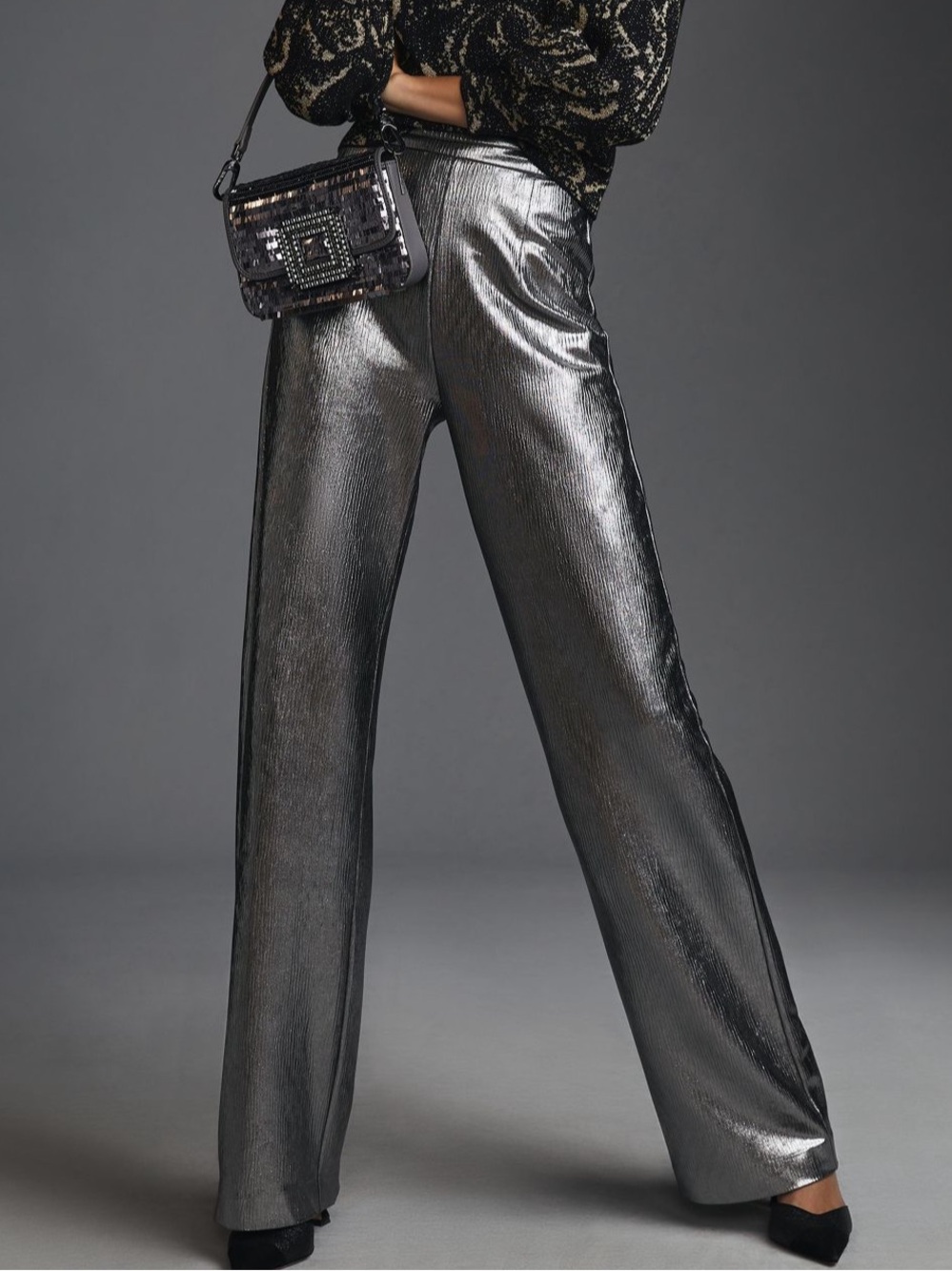 Hutch x Anthropologie silver high rise metallic wide leg trousers sz m